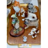 TRAY CONTAINING VARIOUS ANIMAL ORNAMENTS, BORDER FINE ARTS OWL ORNAMENT, SYLVAC DOG ORNAMENTS,