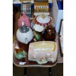 TRAY CONTAINING MIXED CERAMICS, WADE WHIMTRAY, LIDDED TEAPOTS, POSY VASE, LIDDED JAR ETC