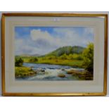 A 14½" X 21½" CONTEMPORARY GILT FRAMED WATERCOLOUR - THE RIVER DEE NEAR POTARCH BRIDGE, WITH CATTLE,