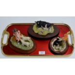 A TRAY WITH 3 VARIOUS BORDER FINE ARTS ORNAMENTS ON WOODEN STANDS