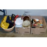 VINTAGE BATH, BRIEFCASE, GOLF CLUB & 2 BOXES CONTAINING QUANTITY TEA WARE, VARIOUS BOOKS, POTTERY