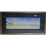A 9½" X 28½" CONTEMPORARY FRAMED WATERCOLOUR - A BEACH SCENE WITH A WINDSURFER & VARIOUS FIGURES, BY
