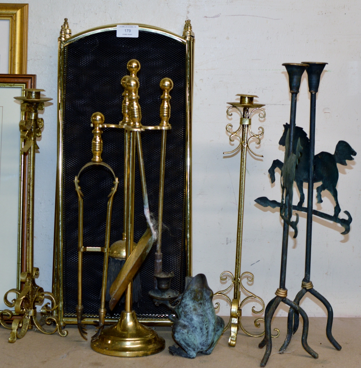 FIRE SCREEN, COMPANION SET & VARIOUS CANDLE HOLDERS