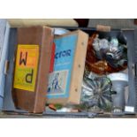 BOX WITH QUANTITY VARIOUS GLASS WARE, VINTAGE GAMES, CARNIVAL GLASS, CRYSTAL WARE ETC