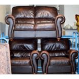 3 PIECE BROWN LEATHER LOUNGE SUITE COMPRISING 2 SEATER SETTEE & 2 SINGLE ARM CHAIRS