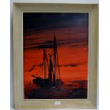 23¾" X 17¾" RETRO 1960'S FRAMED RELIEF PAINTING - A MOORED SAILBOAT, SIGNED PASSEUR ON REVERSE