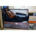 OLD LEATHER CASE, POLICE HAT, 2 HANDBAGS, QUANTITY OLD CLOTHING ETC