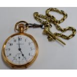 A TRENTON-RECORD GOLD PLATED OPEN FACED POCKET WATCH WITH CHAIN & FOB