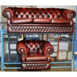 2 PIECE CHESTERFIELD OX BLOOD LEATHER LOUNGE SUITE COMPRISING 3 SEATER SETTEE & SINGLE ARM CHAIR