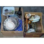 2 BOXES CONTAINING MANTLE CLOCK, MIXED CERAMICS, WOODEN BOX, BRASS STAND, EPNS WARE & GENERAL BRIC-