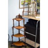 VICTORIAN MAHOGANY 4 TIER WHATNOT, 1 OTHER WHATNOT & ORNATE BRASS PLANT STAND