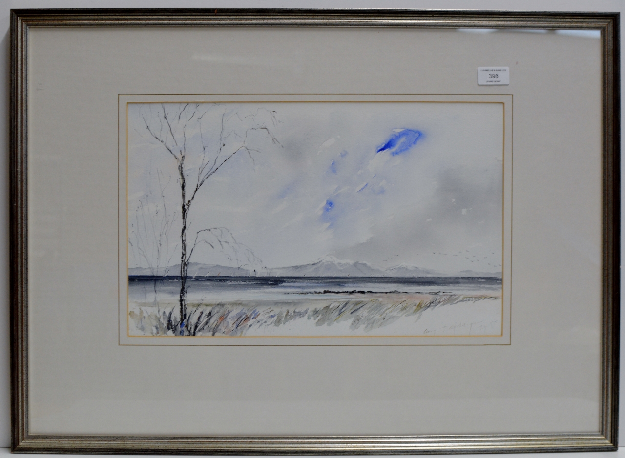 AN 11" X 17½" CONTEMPORARY FRAMED WATERCOLOUR - A COASTAL LANDSCAPE, BY GERRY GOLDWYRE, SIGNED LOWER