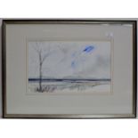AN 11" X 17½" CONTEMPORARY FRAMED WATERCOLOUR - A COASTAL LANDSCAPE, BY GERRY GOLDWYRE, SIGNED LOWER