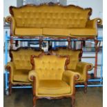 4 PIECE ORNATE MAHOGANY FRAMED LOUNGE SUITE COMPRISING 3 SEATER SETTEE & 3 SINGLE ARM CHAIRS