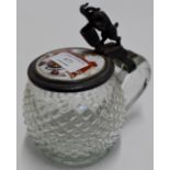 UNUSUAL GLASS TANKARD WITH METAL & ENAMELLED LID