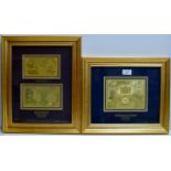 A FRAMED ROYAL MINT TEN SHILLINGS & FIVE POUNDS NOTE DISPLAY CAST IN GOLD, LIMITED EDITION NUMBER