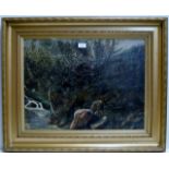 17½" X 23¼" GILT FRAMED OIL ON CANVAS - A RIVER LANDSCAPE, UNSIGNED, TOGETHER WITH ANOTHER GILT