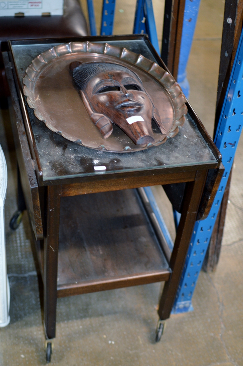 MAHOGANY TROLLEY, COPPER TRAY & WOODEN WALL MASK DISPLAY