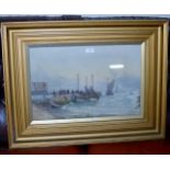 GILT FRAMED WATERCOLOUR - BOATS & FIGURES AT THE HARBOUR, BY WILLIAM MARTIN