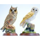 2 BORDER FINE ARTS OWL ORNAMENTS ON WOODEN STANDS, BY RUSSELL WILLIS, LONG EARED OWL, REG 541729 &