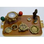 TRAY CONTAINING BRASS SHIPS COMPASS, BRASS SEXTANT, 3 VARIOUS OTHER COMPASSES, ADVERTISING ASHTRAY