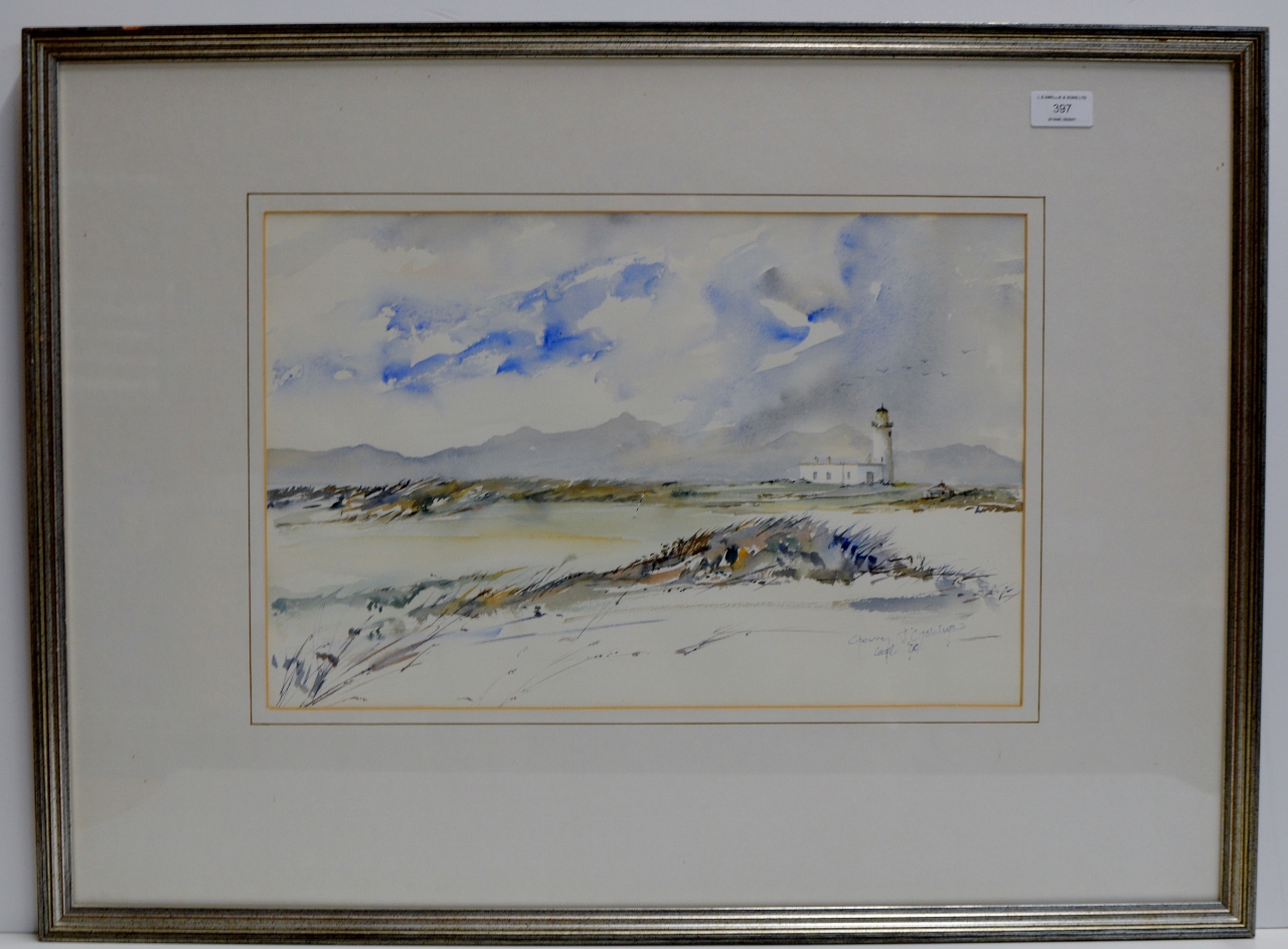 AN 11¾" X 18¼" CONTEMPORARY FRAMED WATERCOLOUR - A COASTAL SCENE WITH A LIGHTHOUSE, BY GERRY