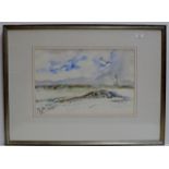 AN 11¾" X 18¼" CONTEMPORARY FRAMED WATERCOLOUR - A COASTAL SCENE WITH A LIGHTHOUSE, BY GERRY