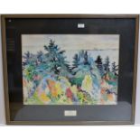 A 17½" X 23½" CONTEMPORARY FRAMED WATERCOLOUR - PINE LEDGE, BY HANS MOLLER, SIGNED LOWER RIGHT &