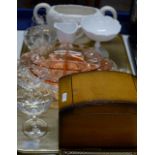 TRAY WITH VARIOUS GLASS WARE, CIGARETTE BOX, DIVISION DISH ETC