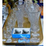 TRAY WITH VARIOUS GLASSES, CUT CRYSTAL VASES, CUT CRYSTAL BOWL, CUT CRYSTAL ORNAMENTS ETC