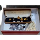 BOX WITH SET OF ROLLED GOLD STUDS, VARIOUS COSTUME JEWELLERY, SILVER JEWELLERY ETC