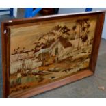 A LARGE DECORATIVE INDIAN WOODEN PICTURE - A FARMING SCENE