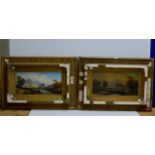 A PAIR OF 8" X 15½" GILT FRAMED OIL PAINTINGS ON CANVAS - HIGHLAND LANDSCAPE SCENES, BY VICTOR E.