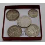 A GROUP OF 5 VARIOUS OLD SILVER COINS