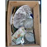 A BOX CONTAINING PAIR OF EPNS BASKETS, LARGE SOUVENIR DISH, EGG CUPS & GENERAL CERAMICS