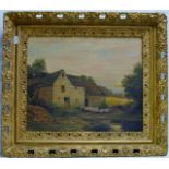 A 19½" X 23½" GILT FRAMED OIL PAINTING ON CANVAS - A HIGHLAND FARM SCENE WITH A FIGURE & SHEEP, BY