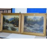 A PAIR OF 24¼" X 29¼" GILT FRAMED OIL PAINTINGS ON CANVAS - THE RIVER LOCHY, NEAR FORT WILLIAM & THE