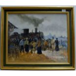 A 19¼" X 23½" GILT FRAMED OIL PAINTING ON BOARD, A STEAM LOCOMOTIVE AT THE STATION WITH VARIOUS