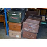 LEATHER CASE, METAL TRUNK & 3 VARIOUS OTHER TRUNKS
