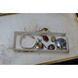 BOX WITH QUANTITY VARIOUS SILVER JEWELLERY, SILVER BANGLE, AGATE SET BROOCH PIN, SWORD BROOCH,