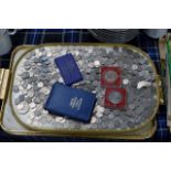 TRAY WITH QUANTITY VARIOUS OLD COINAGE, CROWN PIECES, DECIMAL COIN SETS ETC