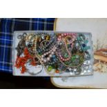 BOX WITH QUANTITY VARIOUS COSTUME JEWELLERY, CORAL STYLE NECKLACE, SILVER JEWELLERY, FAUX PEARLS,