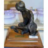 MODERN SPANISH BRONZE FIGURINE OF A LADY MOUNTED ON WOODEN STAND - SIGNED