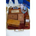 TRAY CONTAINING QUANTITY OF VARIOUS SMALL CARVED WOODEN BOXES, SMALL MANTLE CLOCK, 3 VARIOUS