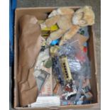 A BOX WITH VARIOUS VINTAGE TOYS, OLD SOFT TOY MONKEY, VARIOUS PAINTED FARM ANIMALS ETC