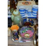 TRAY CONTAINING CORONA WARE DECORATIVE VASE, MALING BOWL, GLASS DOME COVER, LIDDED JAR ETC