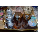 TRAY WITH 3 PIECE PICQUOT WARE TEA SERVICE, WOODEN CANDLE HOLDERS, SOUVENIR JERUSALEM BOXES,