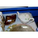 BELLEEK LIDDED TEAPOT AND SMALL CARLTON WARE DISH