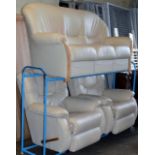 A 3 PIECE MODERN CREAM LEATHER LOUNGE SUITE WITH LIGHT WOOD TRIM COMPRISING A 3 SEATER SETTEE & A