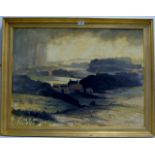 A 23" X 31" GILT FRAMED OIL PAINTING ON BOARD - A COUNTRY VILLAGE LANDSCAPE, BY J. MCNAUGHT